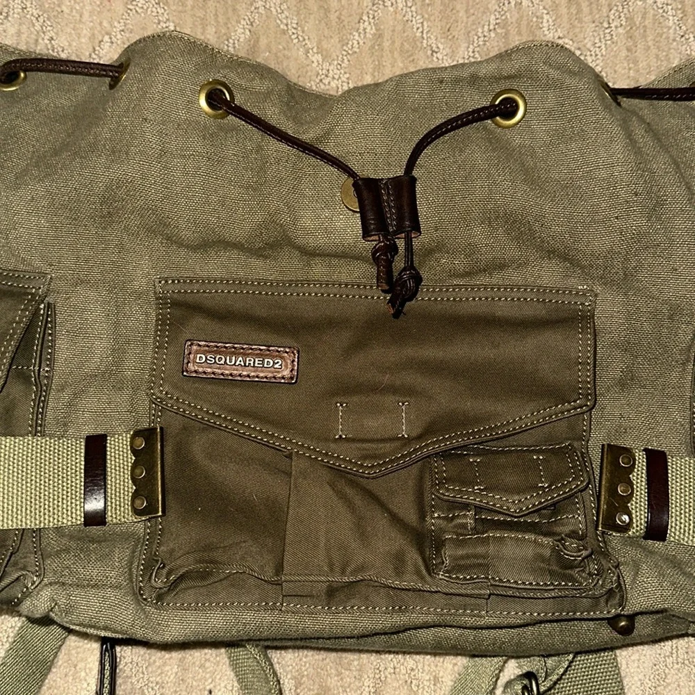 FINAL PRICE DROP: Dsquared2 Green Canvas and Brown Leather Drawstring Backpack
